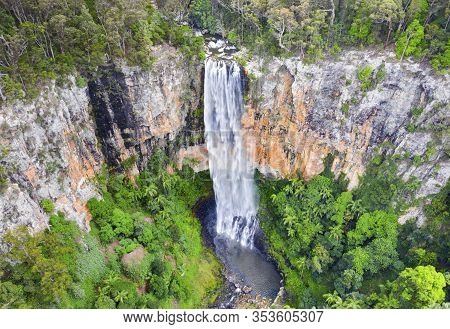 Aerial View Over Purling Brook Falls, Located In Springbrook National Park, Gold Coast Hinterland