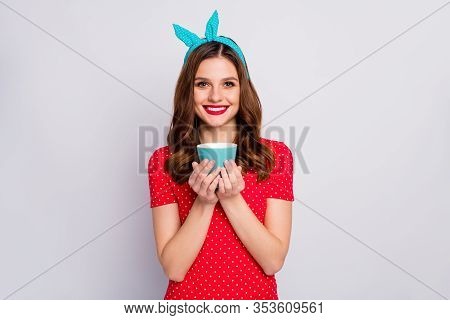 Portrait Of Positive Cheerful Calm Peaceful Girl Enjoy Hot Cafeine Beverage Mug Wear Good Look Outfi