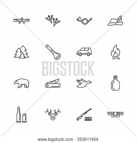 Animal Hunting, Hunt Equipment Outline Icons Set - Black Symbol On White Background. Animal Hunting,