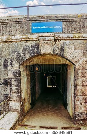 Falmouth, Cornwall, England - July 25, 2018:entrance To The Half-moon Battery Tunnel. Pendennis Cast