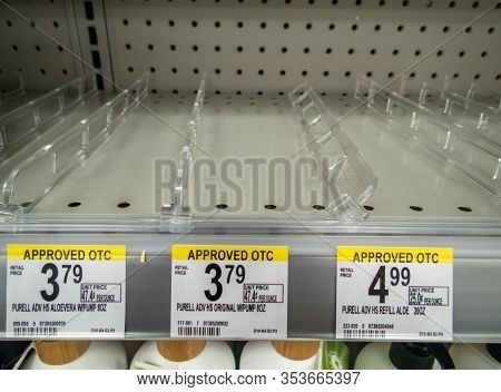 Wantage, Nj / Usa - March 2, 2020:  Purell Hand Sanitizer Sold Out Completely On Store Shelf As A Re