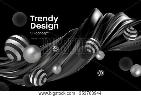 Abstract Background With Realistic Blackand Silver Bubblesdynamic 3d Spheres. Modern Trendy Banner O