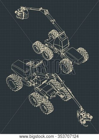Stylized Vector Illustrations Of A Forest Harvester Machine Colorful Blueprints