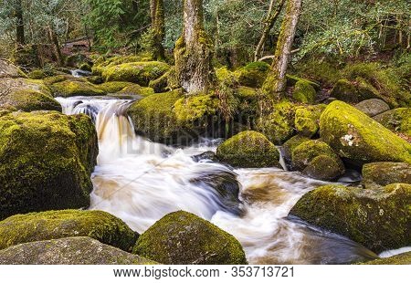 Raging Torrent Waterfalls In Dartmoor, Devon