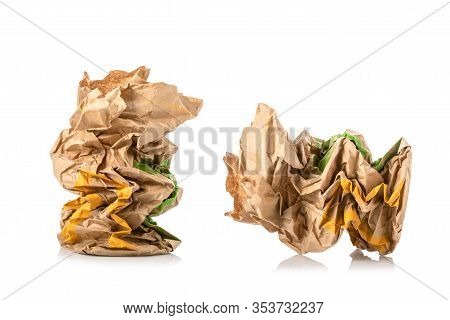 Crumpled Brown Paper Bag For Food. Studio Shot Isolated On White
