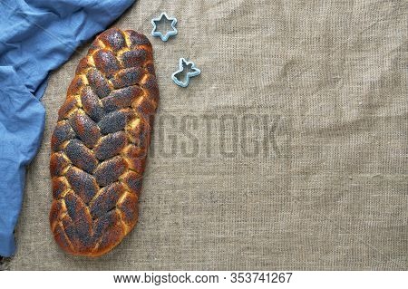 Challah Bread ( Baked Sweet Braided Bread), Top View, Copy Space. Traditional Bread.