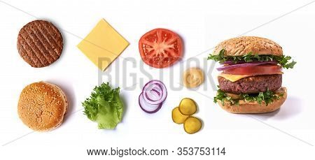 Vegan Meatless Burger Ingredients Isolated On White Background. Top View