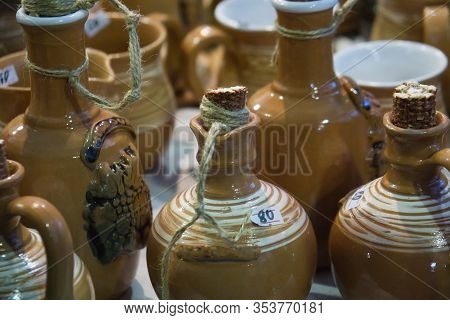 Pottery Jugs At The Fair. Handicrafts Of Folk Potters.