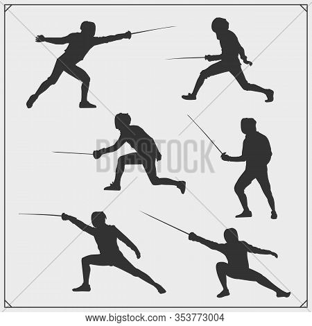 Set Of Fencer Silhouettes. Swordsman Equipment. Vector Monochrome Design.