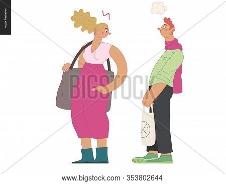 Waiting In Line - Modern Flat Vector Concept Illustration Of A Boring Young Man And An Angry Woman S
