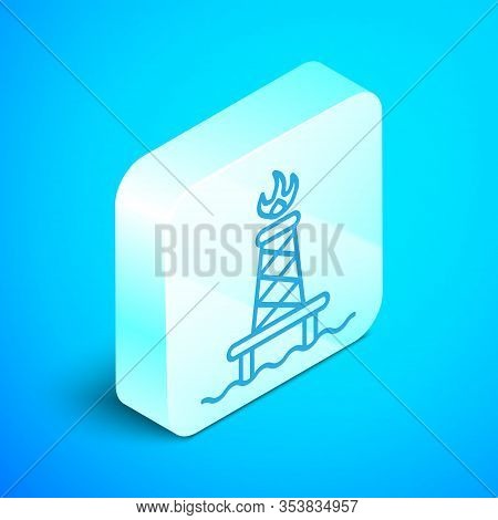 Isometric Line Oil Rig With Fire Icon Isolated On Blue Background. Gas Tower. Industrial Object. Sil
