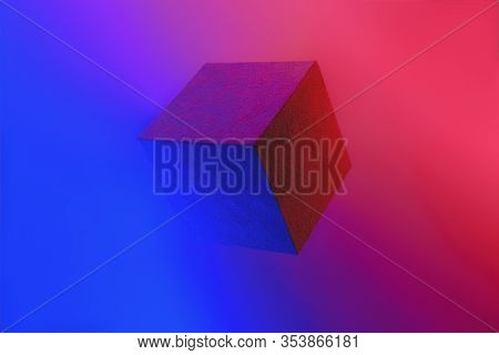 Geometric Cube Figure In Vibrant Neon Colors. Vivid Blue And Red Gradients, Geometric Shape, Abstrac