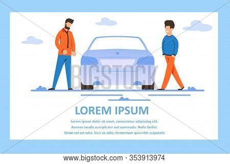 Advertising Text Banner With Two Cartoon Men Characters And Flat Automobile On Street. Car Sale Or S