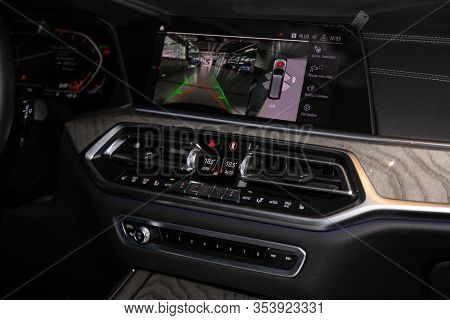 Novosibirsk, Russia - February 12, 2020:  Bmw X7,  Close-up Of The Central Control Panel, Monitor Wi