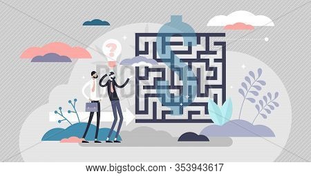 Business Maze Concept, Flat Tiny Person Vector Illustration. Abstract Labyrinth Puzzle Symbol With C