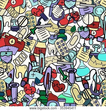 Vector Seamless Pattern, Medical Accessories In Doodle Style Colored Heap
