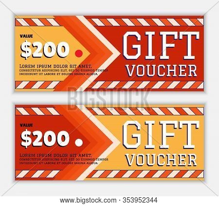 Gift Voucher Template With Elements Of Arrow And Oblique Band In Flame Red And Yellow Colors. Modern