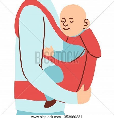 Vector Colorful Illustration Of Little Baby In An Ergo Backpack Or Babycarrier Isolated On White Bac
