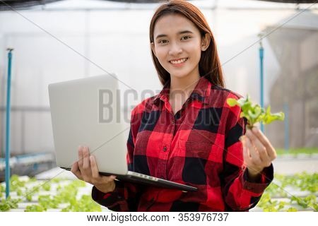 Asian Woman Farmer Using Tablet And Notebook For Inspecting The Quality Of Organic Vegetables Grown