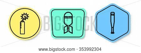 Set Line Dynamite Bomb Stick Clock, Aviation Bomb And Baseball Bat. Colored Shapes. Vector