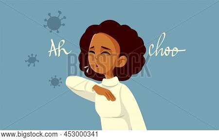 Girl With Viral Infection Sneezing In Her Elbow Vector Cartoon