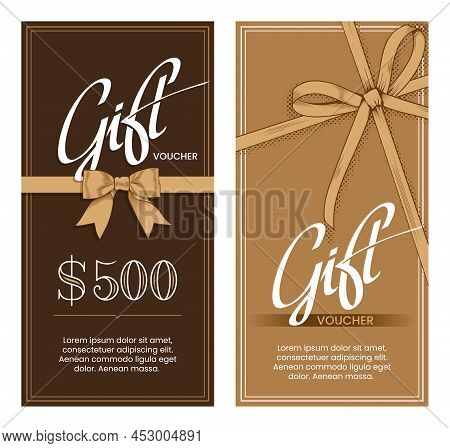 Gift Vouchers Templates With Bow Ribbons In Golden And Chocolate Colors. Design Concept For Gift Cou