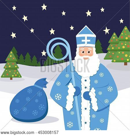Russian Santa Claus In Blue Clothes. New Year Old Man With Beard And Mustache. Bag With Presents. Ch
