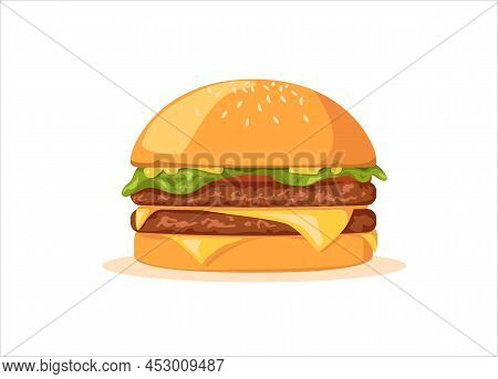 Fresh And Tasty Hamburger Or Cheeseburger In Cartoon Style. Vector Home Sandwiche, Street Food With 