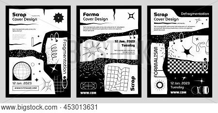 Set Of Black And White Torn Vector Covers With Space Background, Scraps Of Paper With Space For Text