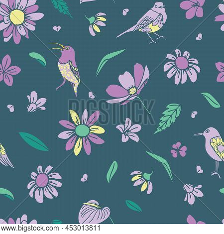 Vector Green Purple Yellow Flower And Birds Seamless Pattern Isolated On A Dark Green Background. Pr