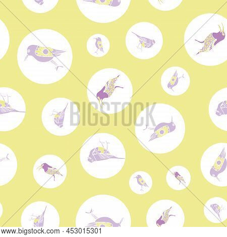 Vector Yellow Purple Bird Inside Circle Seamless Patternd On A Soft Yellow Background. Vector Design