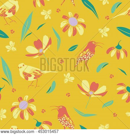 Vector Yellow Salmon Birds And Leaves Seamless Patternd On A Yellow Background. Vector Design For Pa