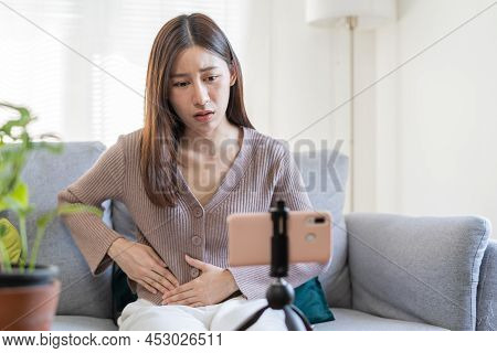 Flatulence Asian Young Woman, Girl Or Patient Hand In Stomach Ache Suffer Food Poisoning, Abdominal 