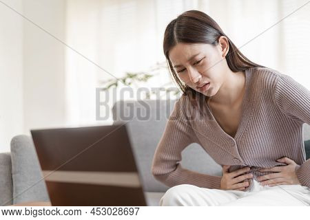 Flatulence Young Asian Woman, Girl Hand In Stomach Ache, Suffer From Food Poisoning, Abdominal Pain 