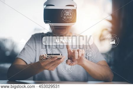 Man Wearing Vr Glasses Virtual With Update Software Computer Program Upgrade Technology Internet, Up