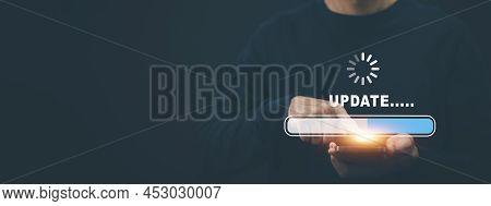 Hand Touch Bar Of Update Software Computer Program Upgrade Business Technology Internet, Update On V