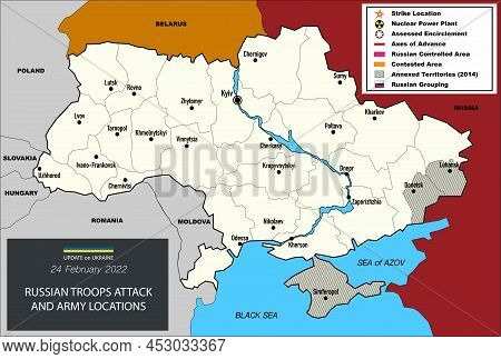 Map Of Ukraine In 2022 In War With Russia. Different Elements To Show Attaks And Defence. Territory 