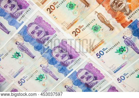 Group Of Colombian Banknotes. Colombian Money. Finances Background