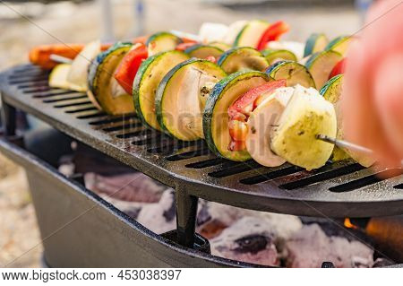 Assorted Delicious Grilled Vegetable Skewers On Barbecue Grill. Barbeque Dinner Outdoor, Summer Food