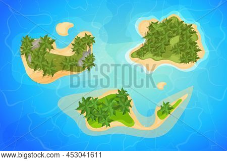 Tropical Island Top View, Resort With Palm Trees, Sand And Waves In Cartoon Style Isolated On White 