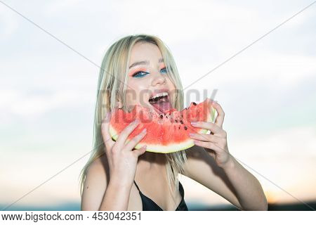 Closeup Portrait Of Young Blonde Sensual Woman Eating Watermelon. Tropical Vacation Travel Sexy Girl
