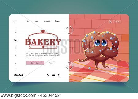 Bakery Banner With Cute Pretzel Character On Table. Vector Landing Page Of Bakery Shop With Cartoon 