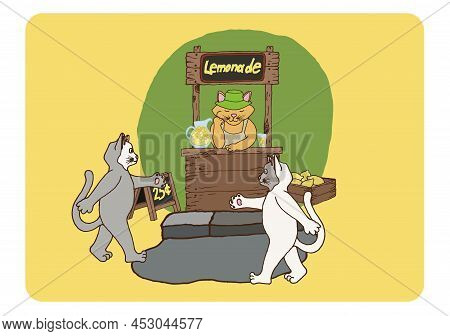 Illustration Of A Stand With Lemonade And Cats. Lemonade Stand, Lemon, Shoppers, Summer Time, Ready 