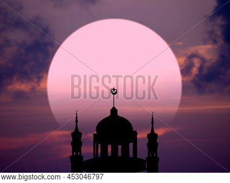 Ramadan, Eid Ai-fitr,new Year Muharram Islamic Religion Symbols With Mosques Dome,moon Silhouette On