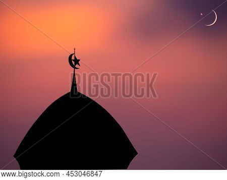 Ramadan, Eid Ai-fitr,new Year Muharram Islamic Religion Symbols With Mosques Dome,moon Silhouette On
