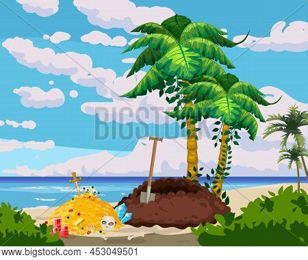 Treasure Tropical Island, Dug Drug Treasure Pit From The Ground, Ancient Pirate Treasure Pile Of Gol