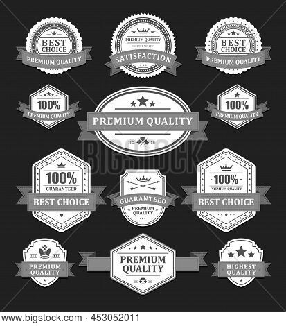 Collection Monochrome Antique Award Badge Shield With Ribbon Premium Quality Vector Illustration. Se