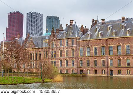 Hague, Netherlands Modern Office Buildings Behind The Mauritshuis Museum And The Binnenhof Parliamen