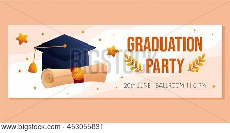 Graduation Party Horizontal Banner With Cap With Tassels And Scrip. Vector Layout Template. Degree C