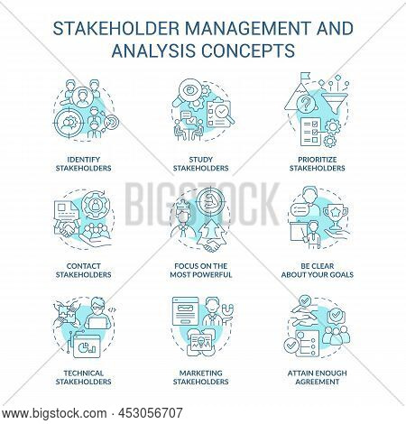 Stakeholder Management And Analysis Turquoise Concept Icons Set. Identify Interests Idea Thin Line C